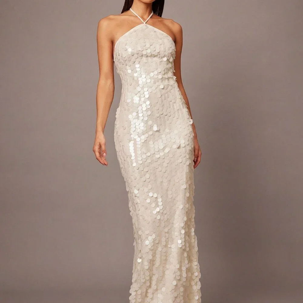 White Sequin Spaghetti Strap Women's Cocktail Dress - Picture 4 of 7